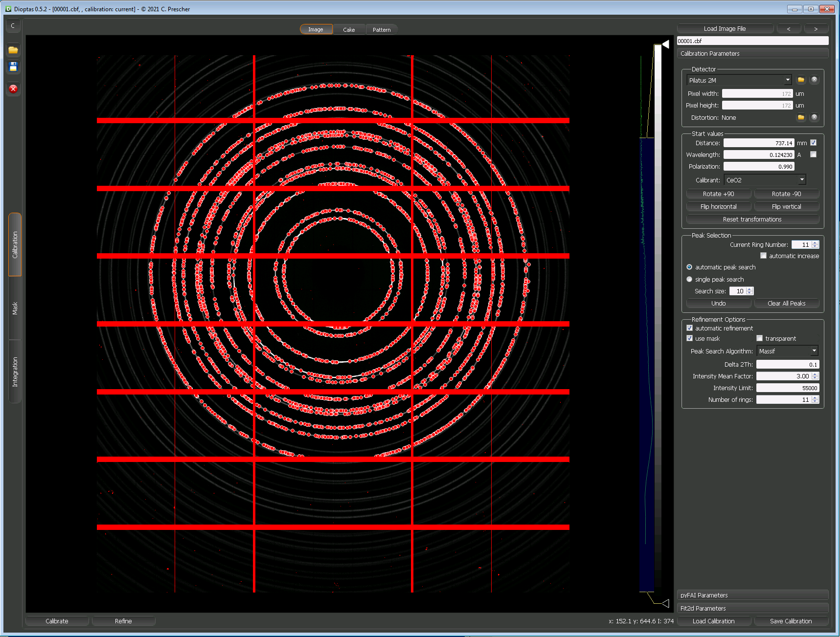 Caking SXRD diffraction pattern images using Dioptas and PyFAI ...