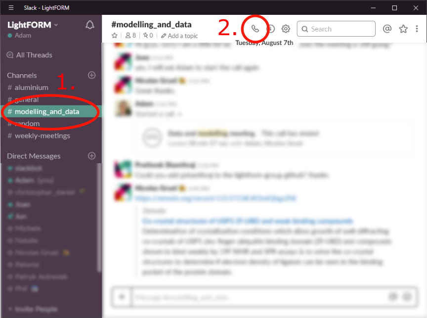 Making a Slack video call; steps 1 and 2.