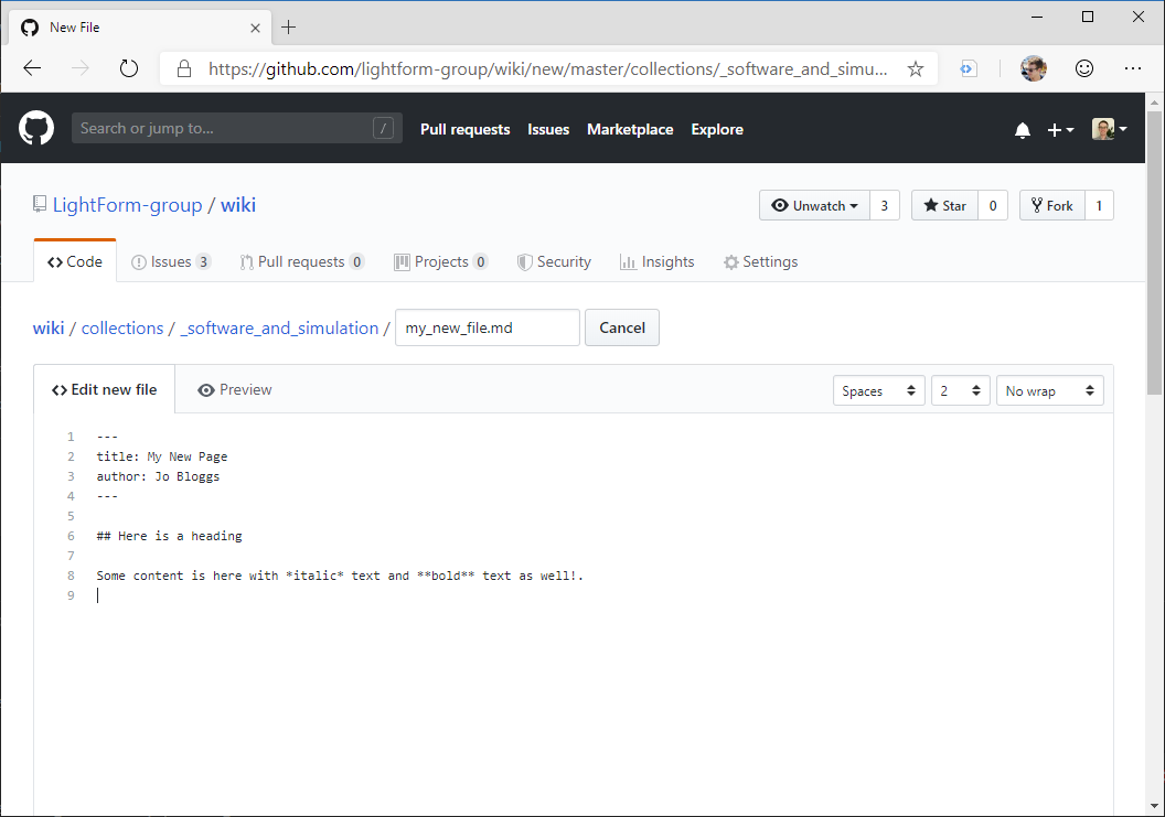 GitHub new page with content